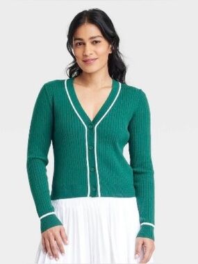 All in Motion Women’s Tipped Ribbed Cardigan Sweater, Dark Green, Size XS, NWT!